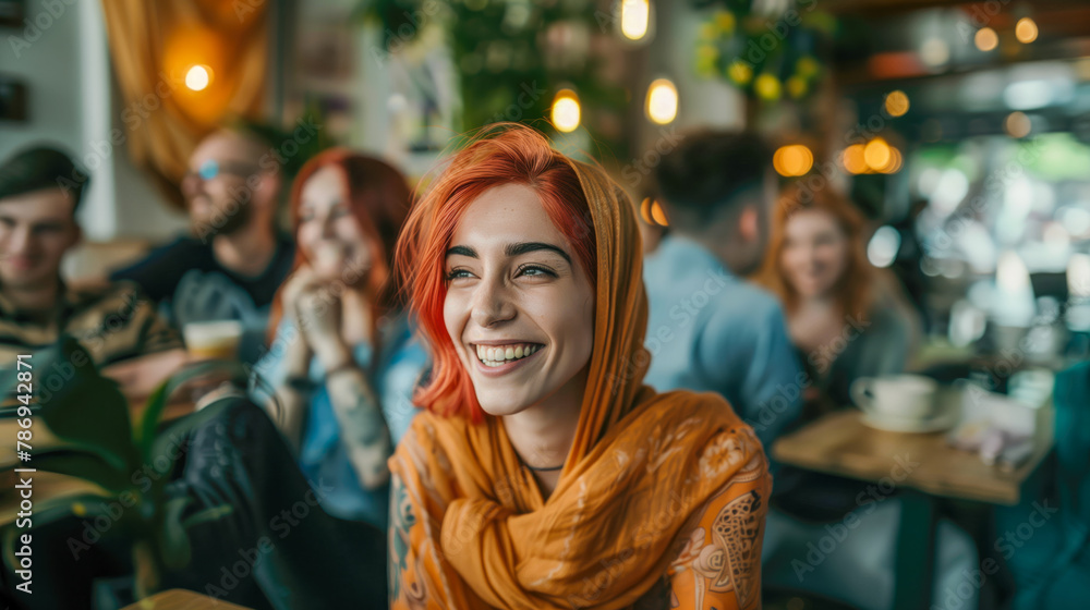 Young ethnic woman with scarf smiling with friends in a coffee shop