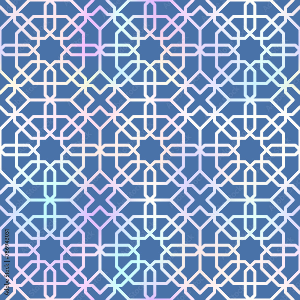 Fototapeta premium Abstract seamless pattern with pastel-colored geometric shapes on a blue background.