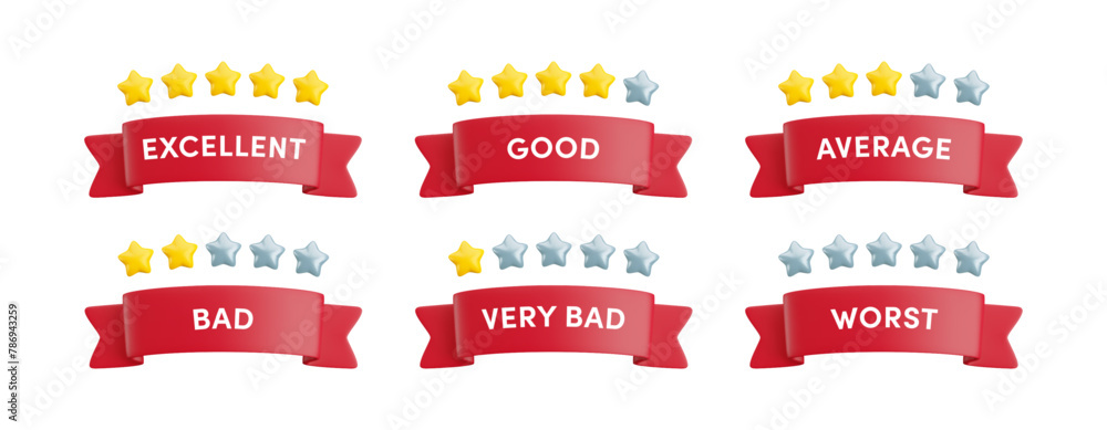 Vector 3d set of red ribbon banners with various quality ratings from excellent to worst, with five star ratings. Realistic cartoon 3d render feedback, customer review concept for web, ui, game, app Vector 3d set of red ribbon banners with various quality ratings from excellent to worst, with five star ratings. Realistic cartoon 3d render feedback, customer review concept for web, ui, game, app
