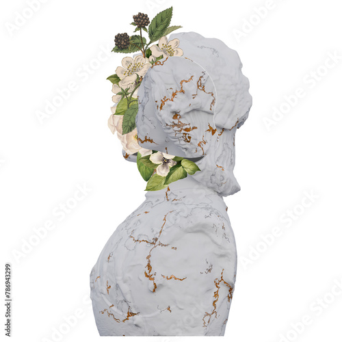 Helmet clad man statues 3d render, collage with flower petals compositions for your work