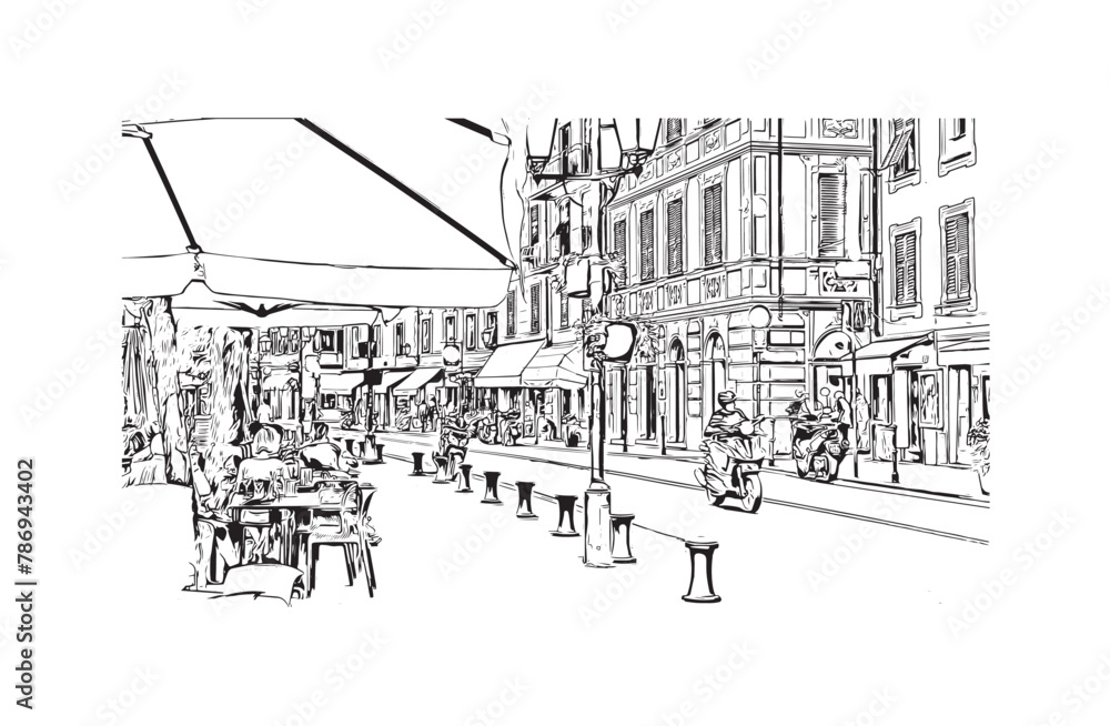 Obraz premium Print Building view with landmark of Ligûria is a region in Italy. Hand drawn sketch illustration in vector.