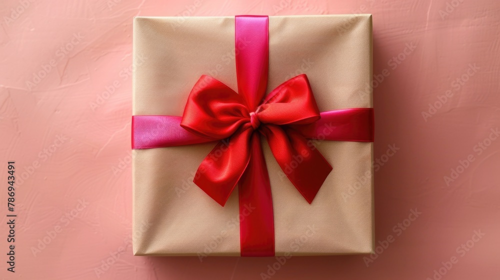 A gift wrapped in white paper with a red bow. Perfect for holiday and celebration concepts A gift wrapped in white paper with a red bow. Perfect for holiday and celebration concepts