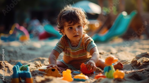 A small child enjoying playtime in the sand. Perfect for family and childhood themes