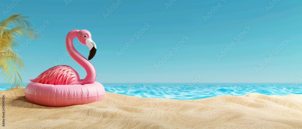 A flamingo floats in a pool on a white sand beach against a blue background. A flamingo floats in a pool on a white sand beach against a blue background.