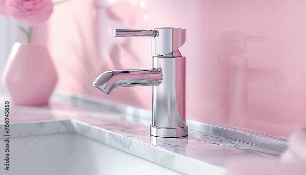 Marble sink with silver faucet with pink pastel wall. Closed bathroom tap to prevent wastage of water. Soft modern interior Marble sink with silver faucet with pink pastel wall. Closed bathroom tap to prevent wastage of water. Soft modern interior