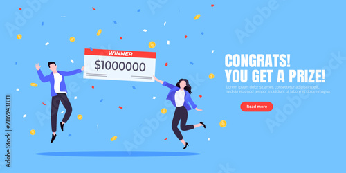 Happy lottery winners with big prize paycheck. Fortune lottery or casino gambling lucky games concept flat style design vector illustration. People jumps in the air with trophy cheque.
