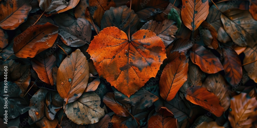 A single yellow leaf resting on a pile of brown leaves. Suitable for autumn-themed designs A single yellow leaf resting on a pile of brown leaves. Suitable for autumn-themed designs