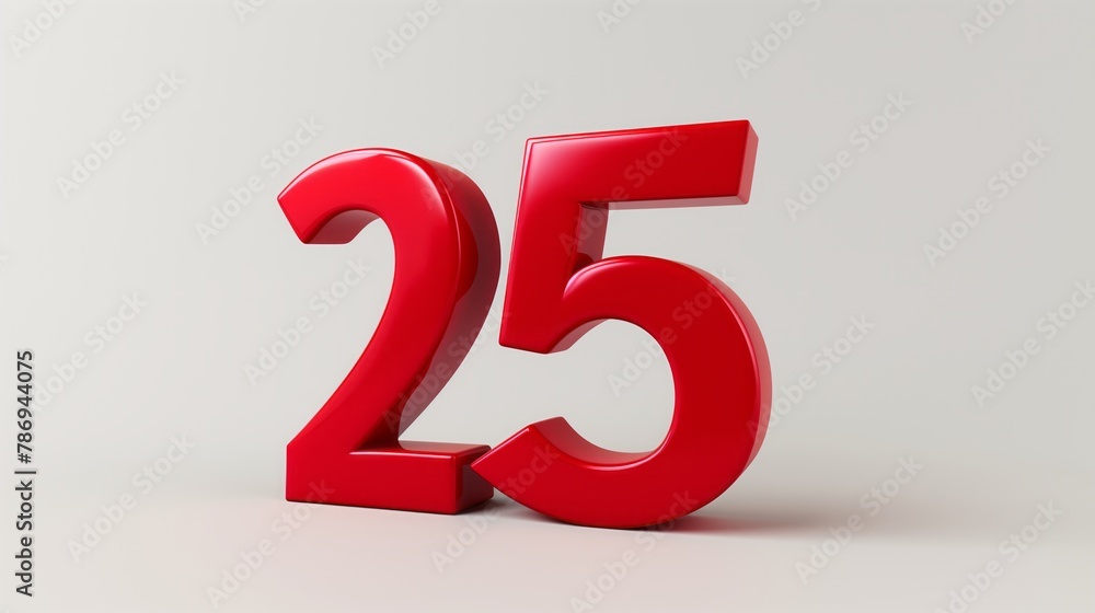 3d number 25 in red color on a white background 3d number 25 in red color on a white background
