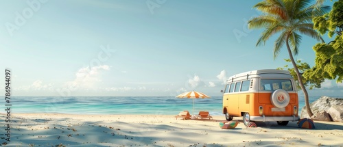 Travel holiday  summer vacation  van and beach accessories with beautiful ocean background in 3D.