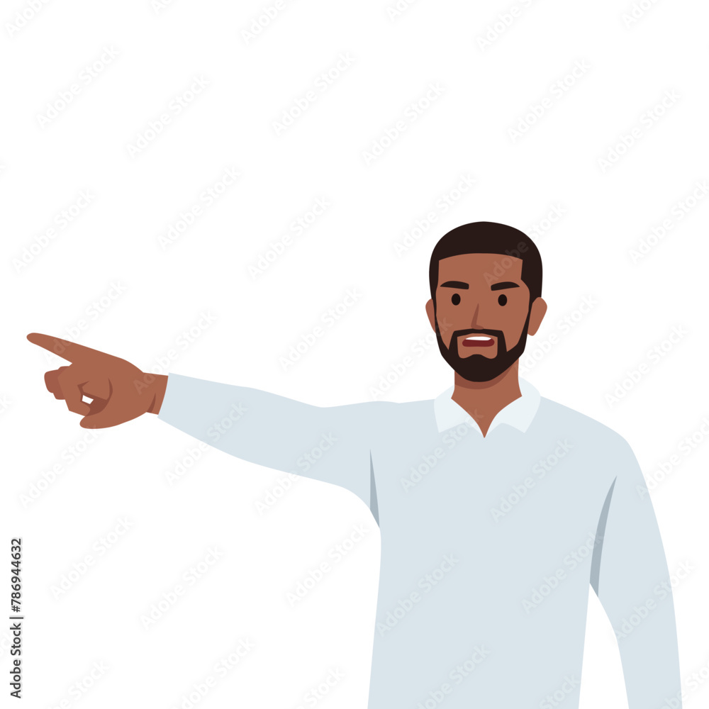 Young man angry worker point out a big problem. Unhappy employee not satisfied with company policies and salaries. Flat vector illustration isolated on white background Young man angry worker point out a big problem. Unhappy employee not satisfied with company policies and salaries. Flat vector illustration isolated on white background