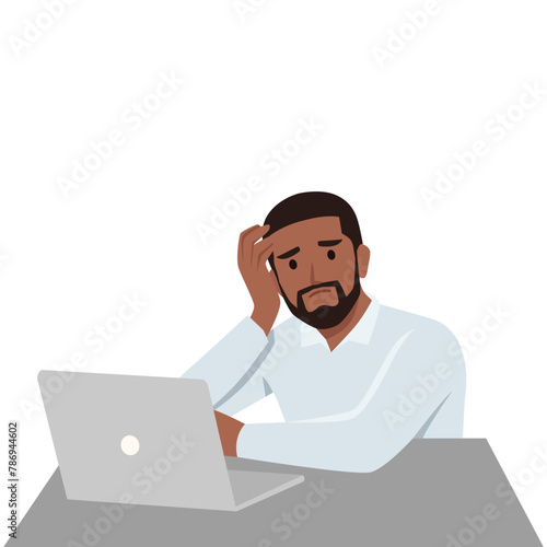 Young man unhappy sit in front of laptop squeezing head with hands. Flat vector illustration isolated on white background