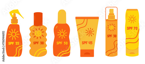 Sunscreen cosmetic set. Different SPF sunblock summer cosmetic: lotion, spray, cream. Anti UV protection, solar skincare products, healthy sunbathing concept.