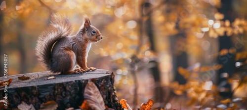 A cute squirrel is climbing on the tree trunk in an autumn forest, panoramic view. The squirrel holds its paws on the tree bark on a sunny day. Natural scene and wildlife concept. © Sabina Gahramanova