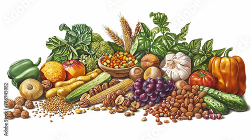 A vibrant and detailed assortment of fruits, vegetables, nuts and grains, illustrating the variety and richness of plant foods.