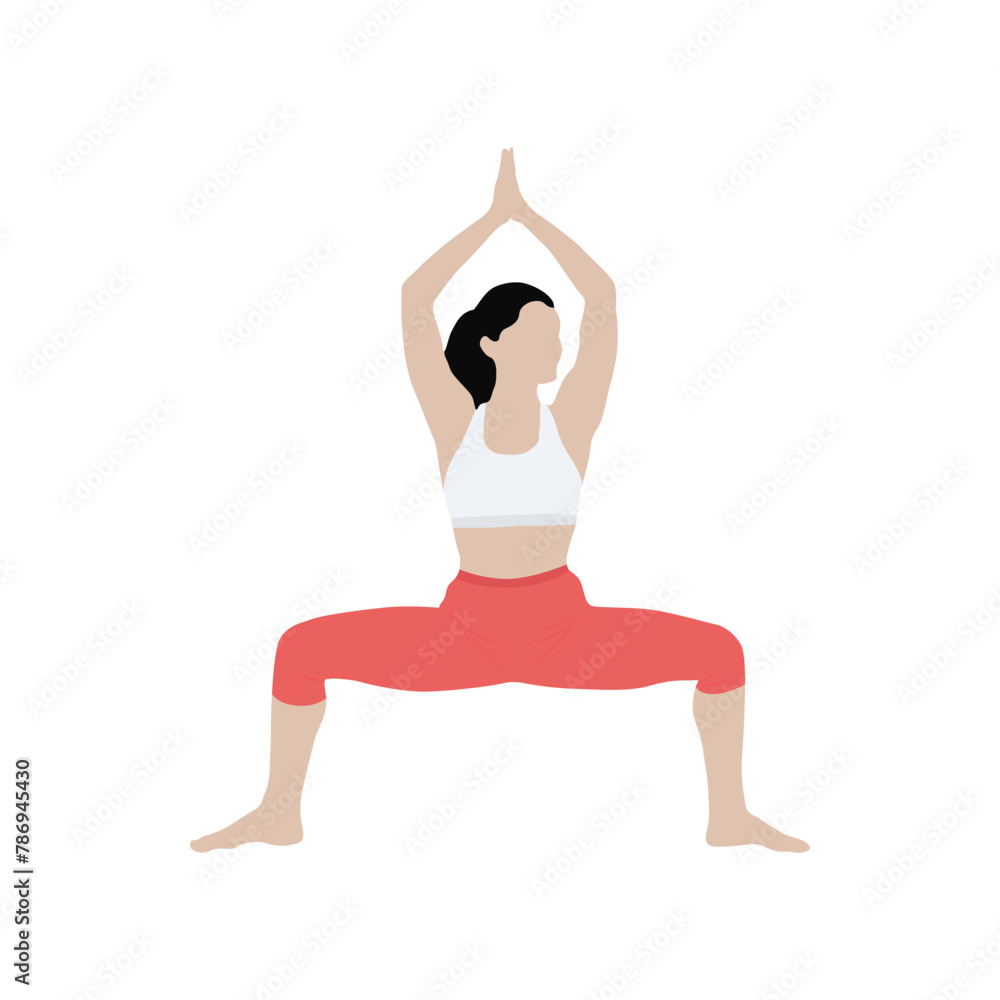 Goddess pose variations yoga asanas pose flat, girl, character, silhouette, balancing, fitness, exercise, clipart, vector illutration