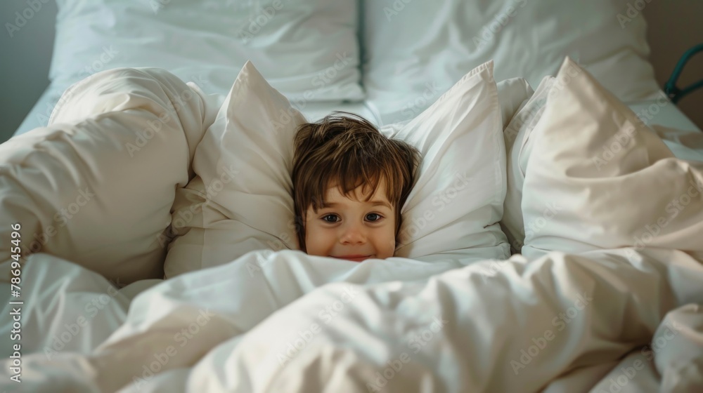 A small child laying in a bed covered in white sheets. Suitable for family and healthcare concepts A small child laying in a bed covered in white sheets. Suitable for family and healthcare concepts