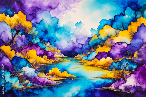 Abstract Painting Drawn With Alcohol Ink In Blue Purple Color With Addition Of Yellow