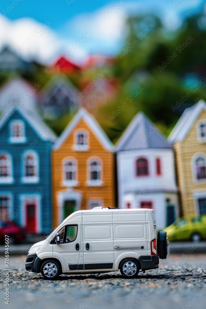 Toy van parked in front of colorful houses, suitable for real estate concepts