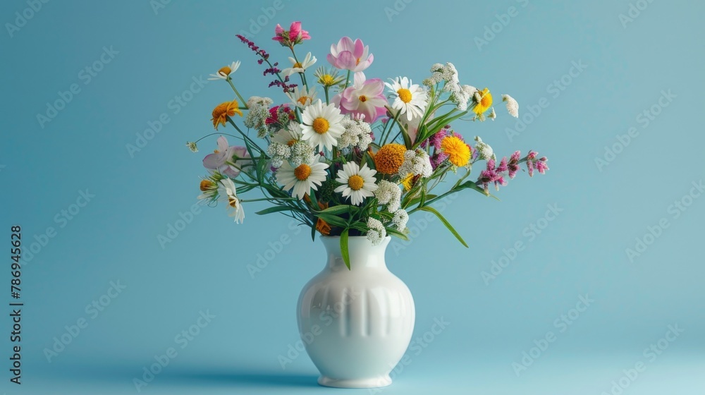 Fototapeta premium Beautiful bouquet of various colorful flowers in a white vase. Perfect for home decor or floral arrangements