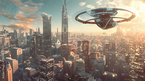 Realistic Concept of private air vehicle in developed city photo