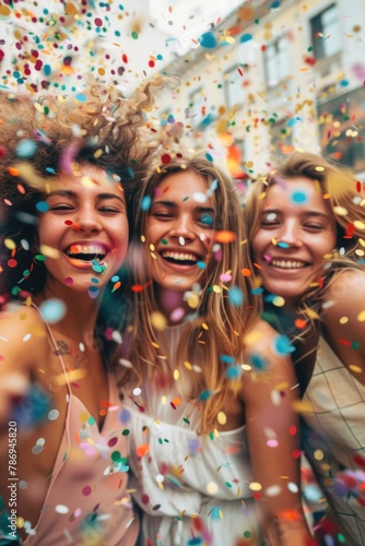 Group of women celebrating under confetti. Perfect for party concepts