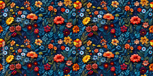 Colorful flowers embroidered fabric seamless pattern, bohemian floral motif textile background