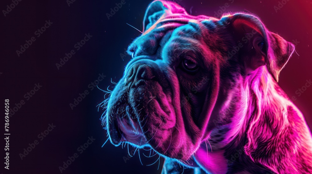 Colorful Neon Lit English Bulldog Close-up