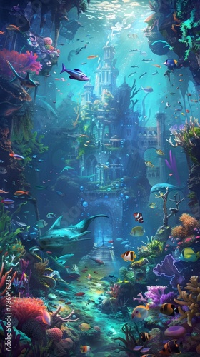 A magical underwater kingdom teeming with vibrant coral reefs, exotic fish, and graceful sea creatures swimming through the crystal-clear waters