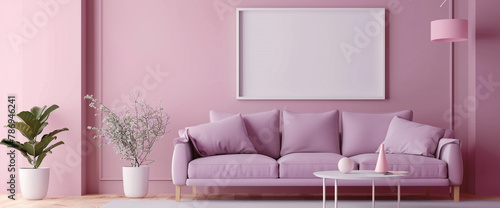 Soft pastel tones define the interior of this contemporary living space  with a lavender sofa and a clean white empty frame serving as focal points against the wall.