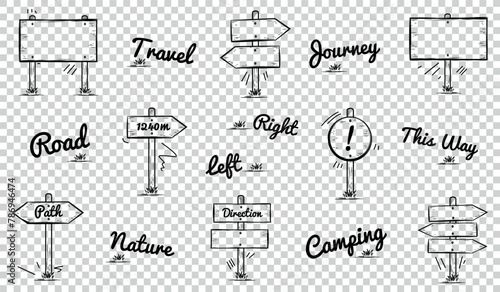 Wooden Signpost Icons Set - Different Simple Travel Doodle Vector Illustrations Isolated On Transparent Background