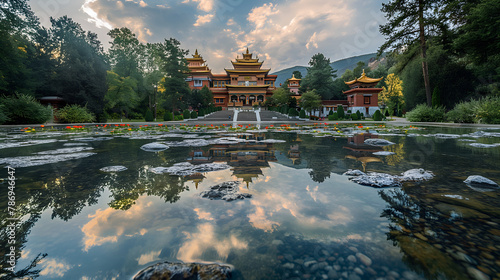 Himalayan Harmony: Norbulingka's Grandeur Reflected in a Tranquil Pool