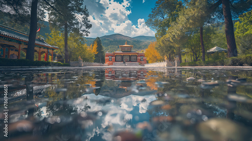 Norbulingka's Reflection: A Dreamy Palace Mirrored in Still Waters photo