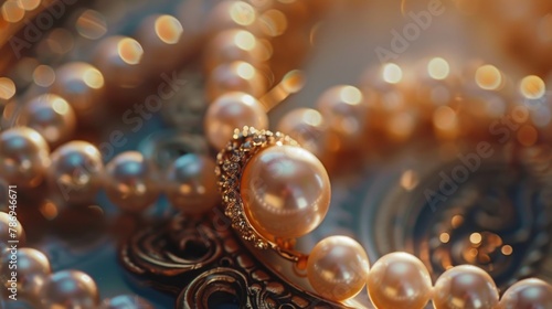 A close up of a bunch of pearls on a table. Perfect for luxury and jewelry concepts