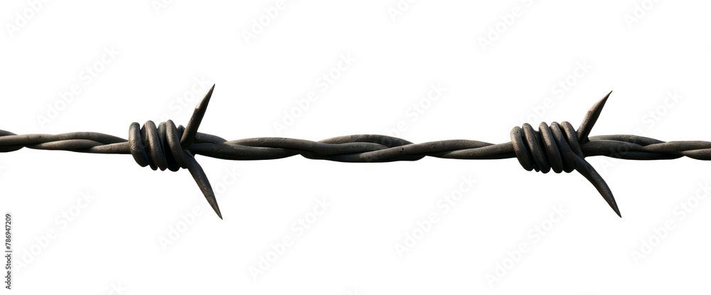 A piece of stretched barbed wire with two spikes on a white and transparent background. PNG.