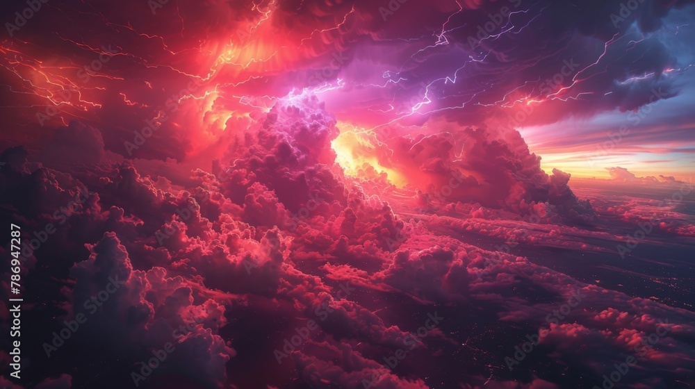 A fiery sky during a rare red sprite lightning event, the sky lit up in shades of deep red and purple above storm clouds, providing a breathtaking view of this elusive phenomenon