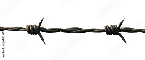 A piece of stretched barbed wire with two spikes on a white and transparent background. PNG. photo