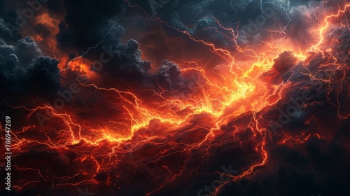 A dramatic display of volcanic lightning, with intense bolts of electricity striking around a fiery red and orange eruption, illuminating the ash-filled night sky