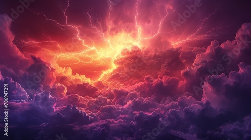 A fiery sky during a rare red sprite lightning event, the sky lit up in shades of deep red and purple above storm clouds, providing a breathtaking view of this elusive phenomenon photo