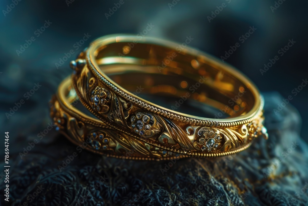 Close-up of two gold rings on a rock. Perfect for wedding or engagement concepts Close-up of two gold rings on a rock. Perfect for wedding or engagement concepts