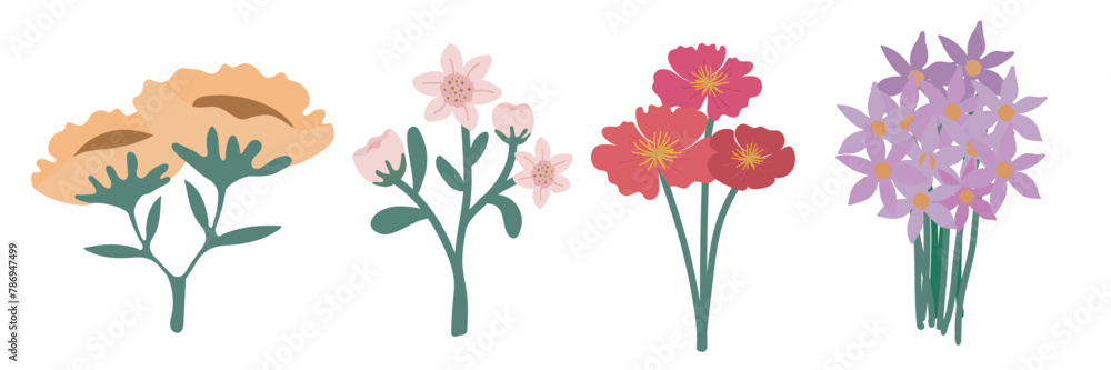 Obraz premium Set of flowers Botanical Garden Leaves, Bloom Petals Spring Flowers, Foliage Graphic Illustration Clipart Set