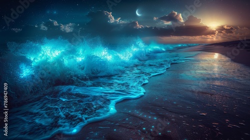 A surreal image of bioluminescent waves crashing onto a dark beach, the blue and green glow intensifying the natural motion of the sea under a moonless sky © Filip