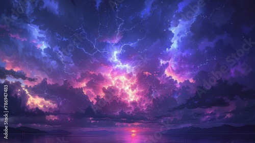 A vivid portrayal of the Catatumbo lightning, with continuous electric bursts illuminating the night sky over a lake, set in a palette of deep blues and purples photo