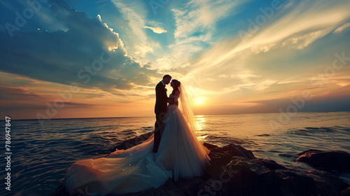 beautiful, wedding couple on the beach at sunset
