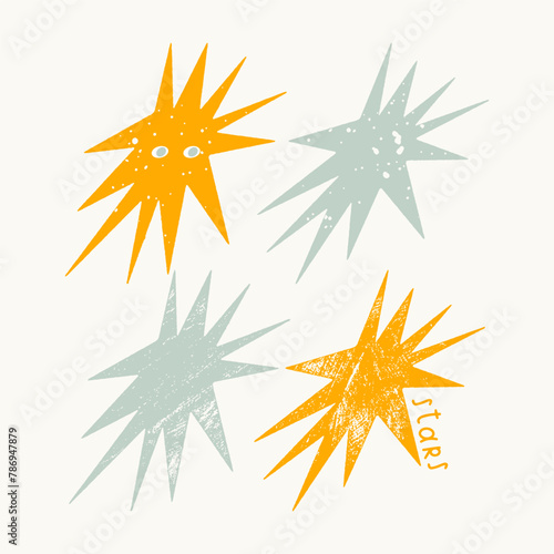 Contemporary illustration with textured stars. Vector print, postcard, design element