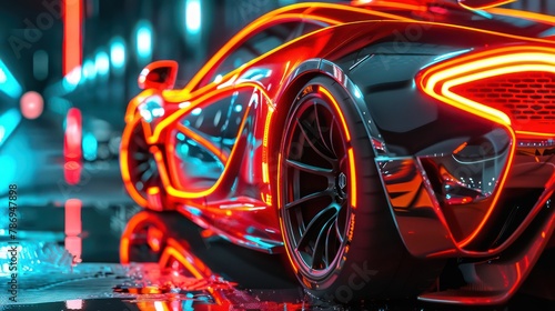 A sleek and modern sports car enhanced with vibrant red neon lighting stands out against a futuristic city backdrop This image captures the essence of speed, innovation, and design