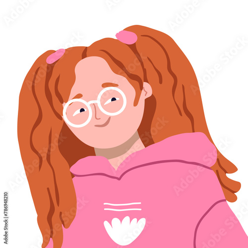 Cute redheaded girl character in glasses, face portrait. Adorable Preschooler. Cute smiling preschooler child with two tails. Flat vector illustration on white background.