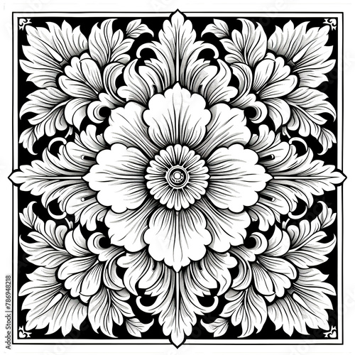 Decorative floral pattern in black and white type tile on transparent background