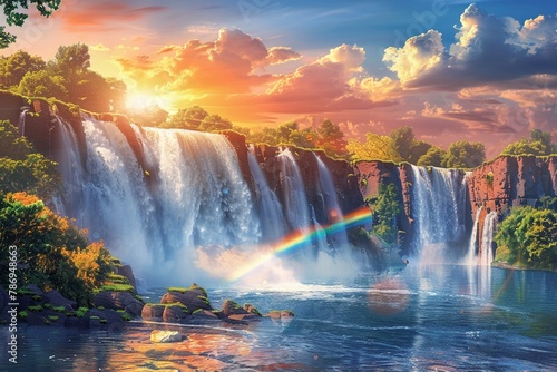 Majestic waterfall in a lush forest, rainbow appearing in the mist © NatthyDesign