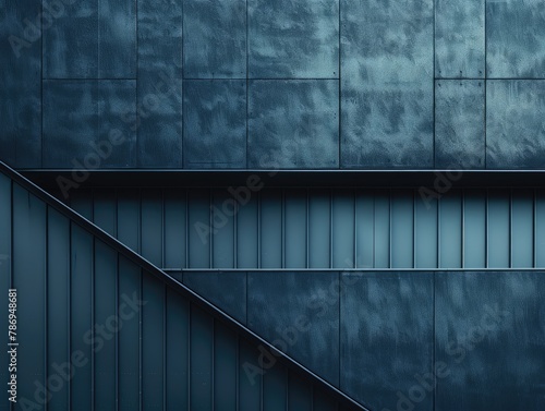 Urban building facades, blue geometric shapes