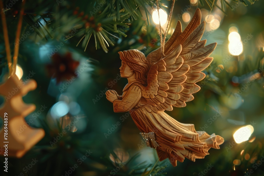 Fototapeta premium A wooden angel ornament hanging from a Christmas tree. Perfect for holiday decorations